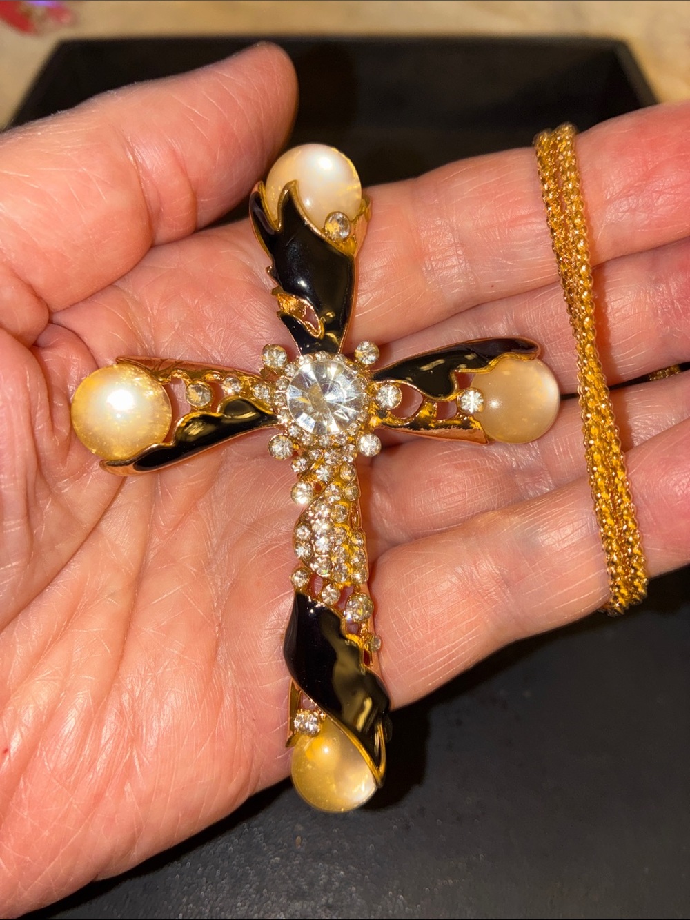 Cross Pendant Necklace with Black Enamel, Pearls & Crystals